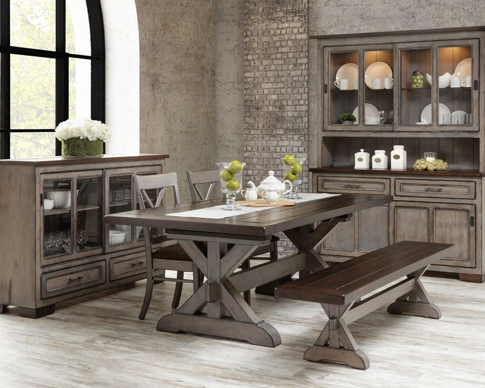 Hudson staged dining set featuring farm stand table, chairs, and bench.