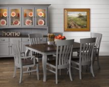 Staged vintage dining set in gray and dark brown.