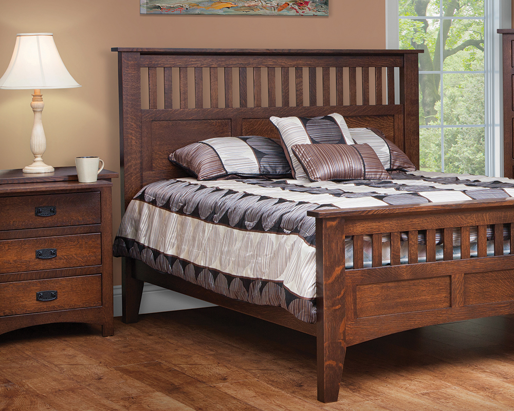 Mission Bedroom Collection, Mission Antique Bed and 3 Drawer Nightstand.