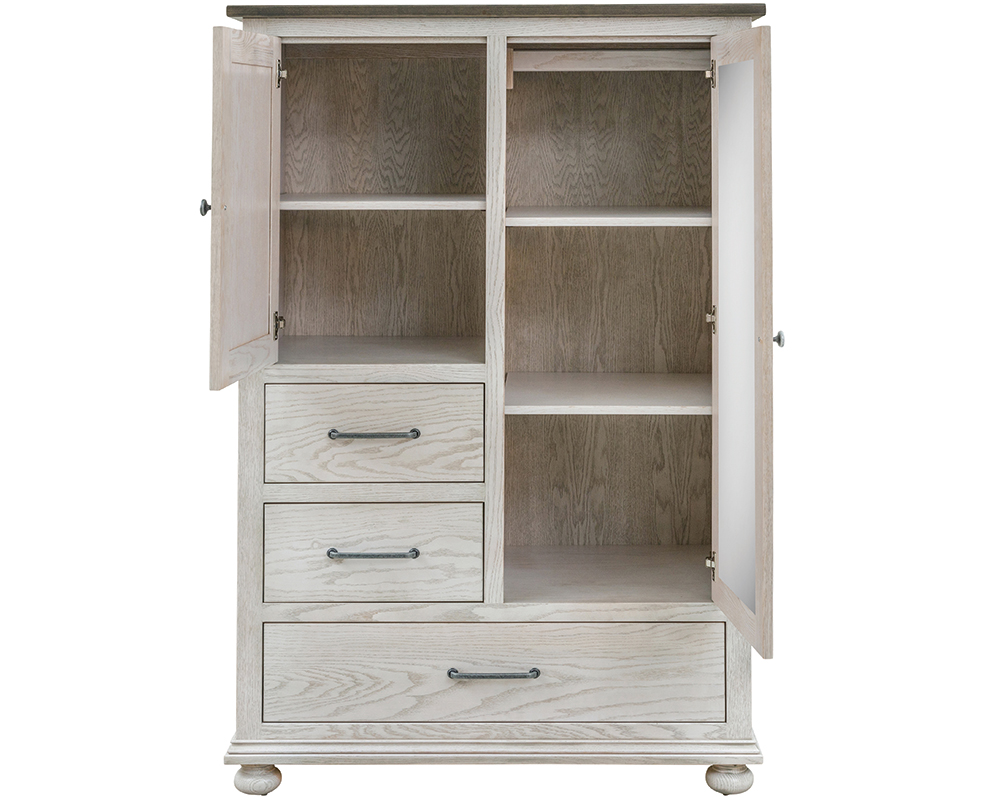 Hickory Grove Chifferobe open to reveal garment rod and 3 adjustable shelves.