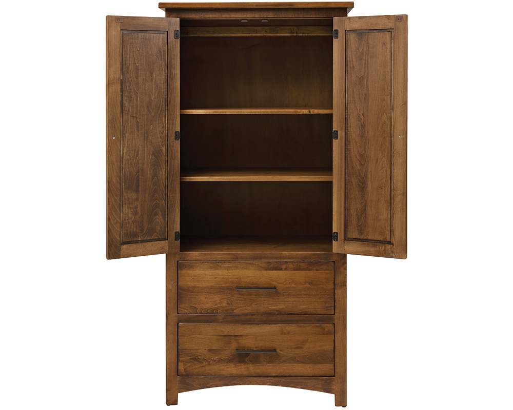 Avondale Armoire with doors open, showing 2 adjustable shelves and garment rod.