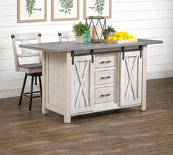 Lahoma kitchen island with two bar chairs.