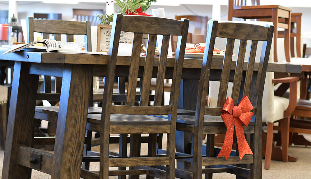Bow on Dining Set in Easton Showroom for Holiday Sale Page.